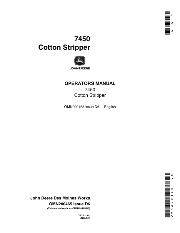 John Deere 7450 Cotton Stripper Operator's Manual (OMN200465)