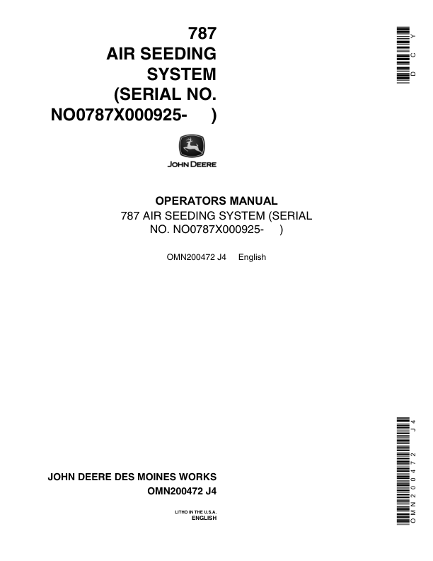 John Deere 787 Air Seeding System Operator's Manual (OMN200472)