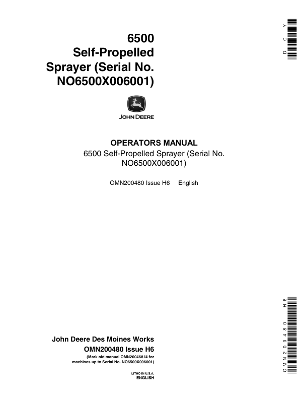 John Deere 6500 Self-Propelled Sprayer (006001-) Operator's Manual (OMN200480)
