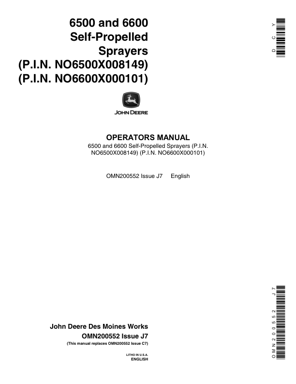 John Deere 6500, 6600 Self-Propelled Sprayers Operator's Manual (OMN200552)