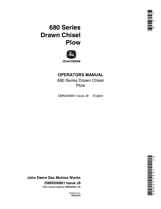 John Deere 680 Series Drawn Chisel Plow Operator's Manual (OMN200661)