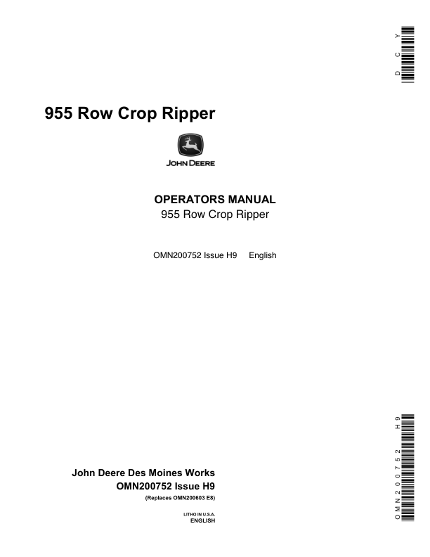 John Deere 955 Row Crop Ripper Operator's Manual (OMN200752)