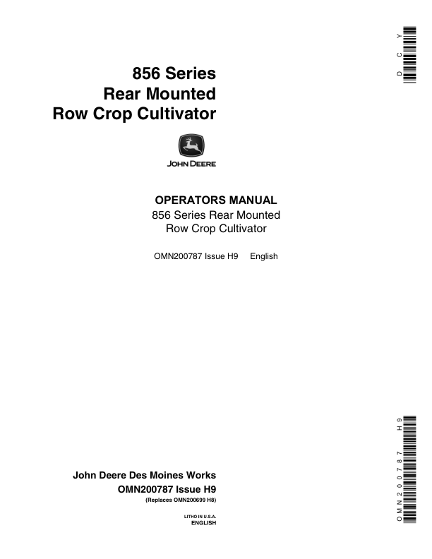 John Deere 856 Series Rear Mounted Row Crop Cultivator Operator's Manual (OMN200787)