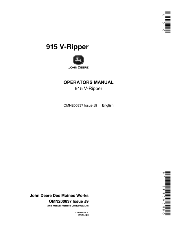 John Deere 915 V-Rippers (Mfg in USA) Operator's Manual (OMN200837)