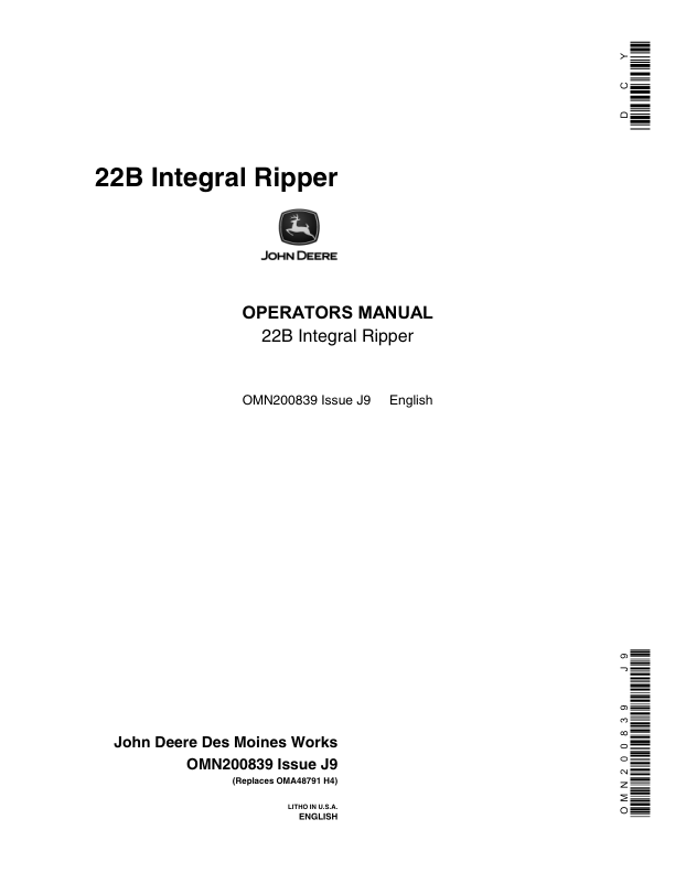 John Deere 22B Integral Ripper Operator's Manual (OMN200839)