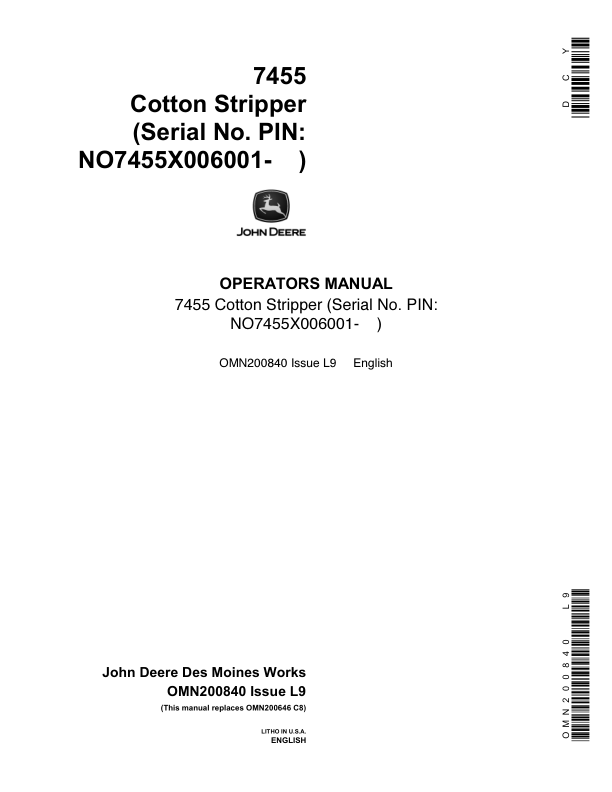 John Deere 7455 Cotton Picker (SN 006001-) Operator's Manual (OMN200840)