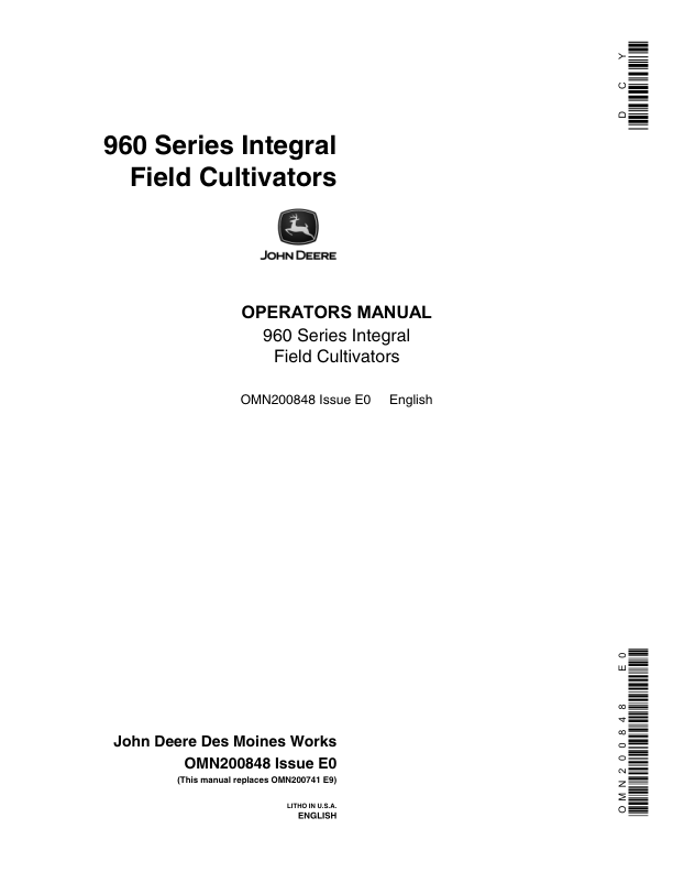 John Deere 960 Series Integral Field Cultivator (013921-) Operator's Manual (OMN200848)