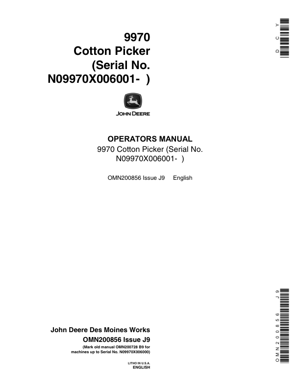 John Deere 9970 Cotton Picker (006001- ) Operator's Manual (OMN200856)