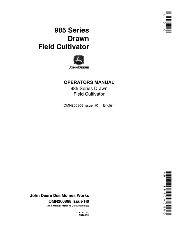 John Deere 985 Series Drawn Field Cultivator Operator's Manual (OMN200868)