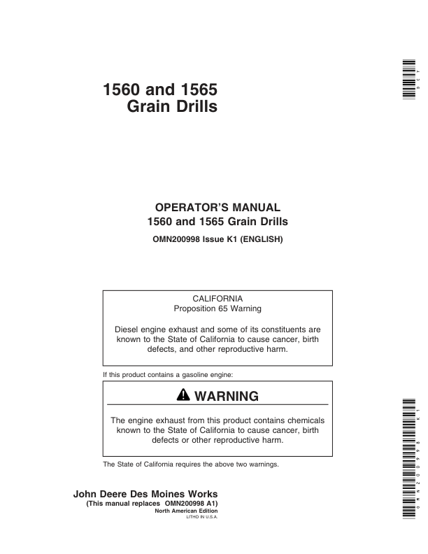 John Deere 1560 & 1565 Grain Drills North America Operator's Manual (OMN200998)