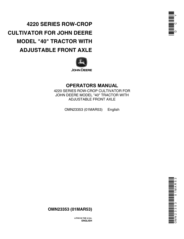John Deere 4220 Series Row-Crop Cultivator Operator's Manual (OMN23353)