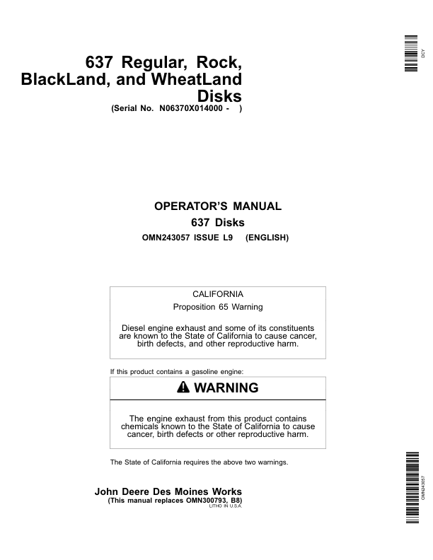 John Deere 637 Regular, Rock, BlackLand, WheatLand Disks (014000-) Operator's Manual (OMN243057)
