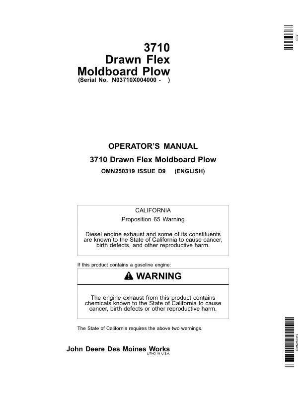 John Deere 3710 Drawn Flex Moldboard Plow (004000-004399) Operator's Manual (OMN250319)