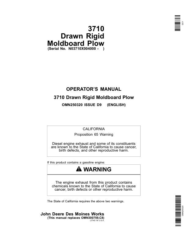 John Deere 3710 Drawn Rigid Moldboard Plow (004000-) Operator's Manual (OMN250320)