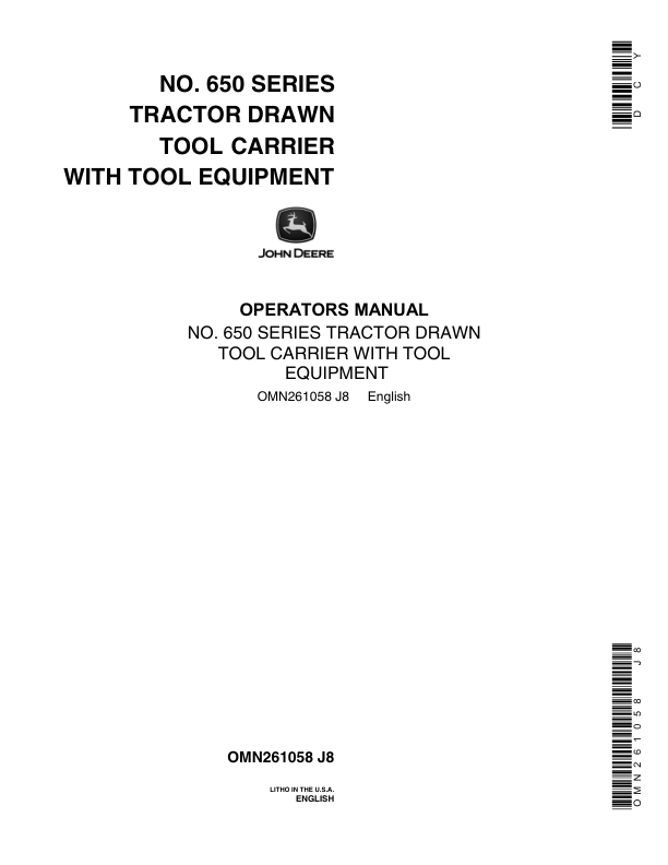 John Deere No. 650 Series Tractor Drawn Tool Carrier with Tool Equipment Operator's Manual (OMN261058)