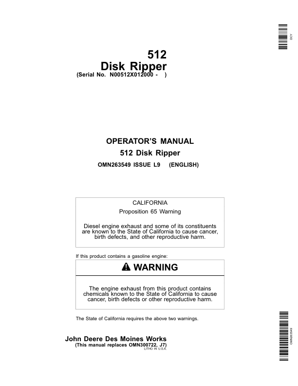 John Deere 512 Disk Ripper (012000-) Operator's Manual (OMN263549)