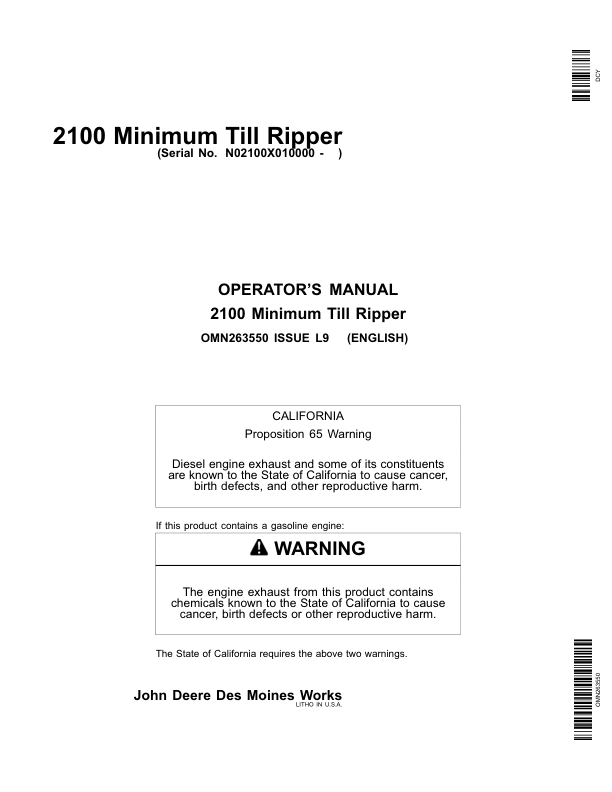 John Deere 2100 Minimum Till Ripper Export Edition (010000-011999) Operator's Manual (OMN263550)