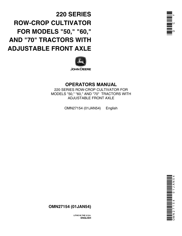 John Deere 220 Series Row-Crop Cultivator Operator's Manual (OMN27154)