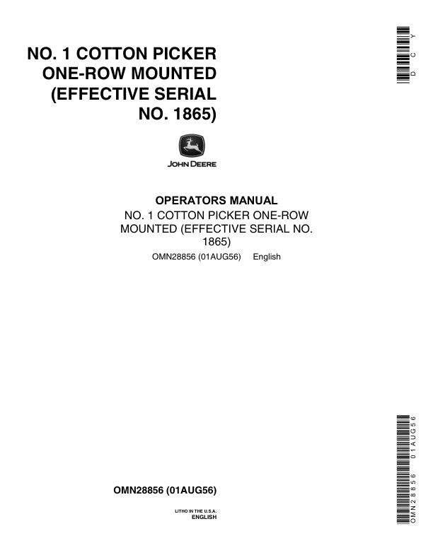 John Deere No. 1 Cotton Picker One-Row Mounted Operator's Manual (OMN28856)