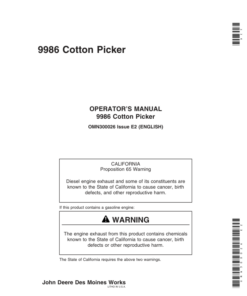 John Deere 9986 Cotton Picker (- 014000) Operator's Manual (OMN300026)