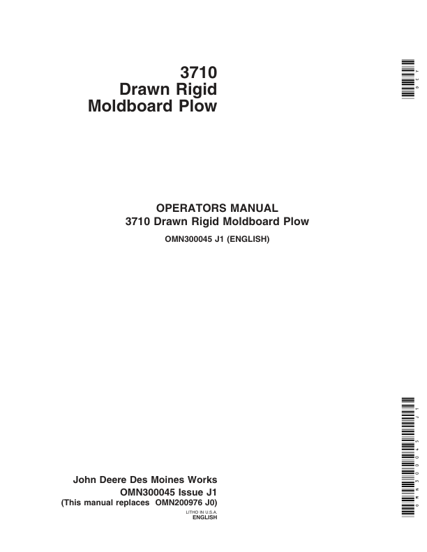 John Deere 3710 Drawn Rigid Moldboard Plow Operator's Manual (OMN300045)