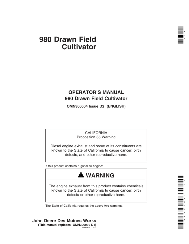 John Deere 980 Series Drawn Field Cultivator Operator's Manual (OMN300064)