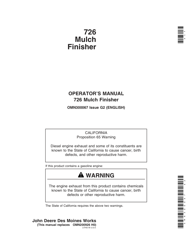 John Deere 726 Mulch Finisher Operator's Manual (OMN300067)