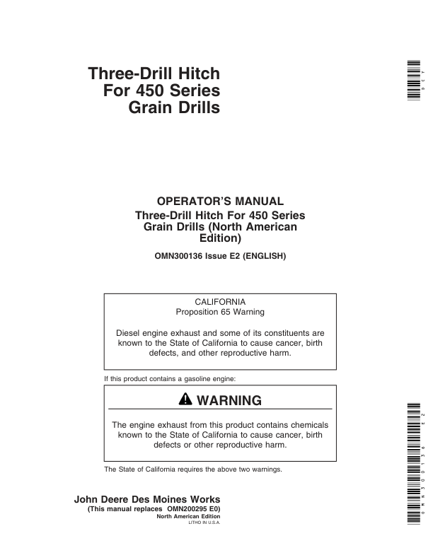 John Deere Three-Drill Hitch for 450 Series Grain Drills Operator's Manual (OMN300136)