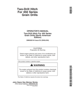 John Deere Two-Drill Hitch for 450 Series Grain Drills Operator's Manual (OMN300144)