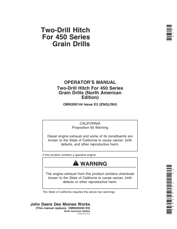 John Deere Two-Drill Hitch for 450 Series Grain Drills Operator's Manual (OMN300144)