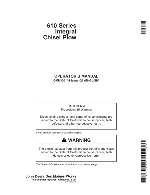 John Deere 610 Series Integral Chisel Plow Operator's Manual (OMN300145)