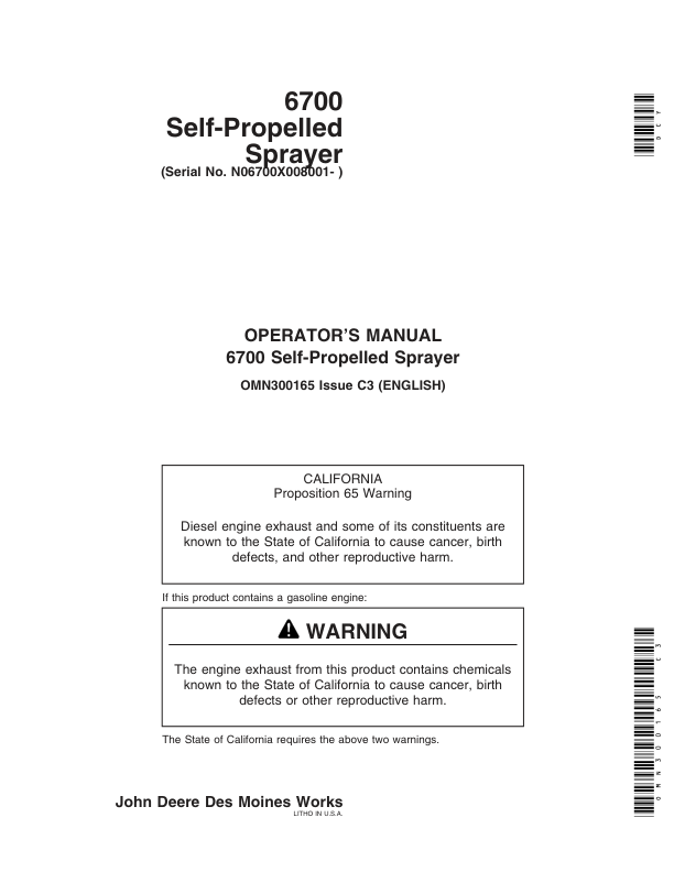 John Deere 6700 Self-Propelled Sprayer (008001-010000) Operator's Manual (OMN300165)