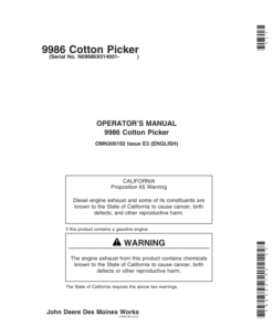 John Deere 9986 Cotton Picker (014001-) Operator's Manual (OMN300192)