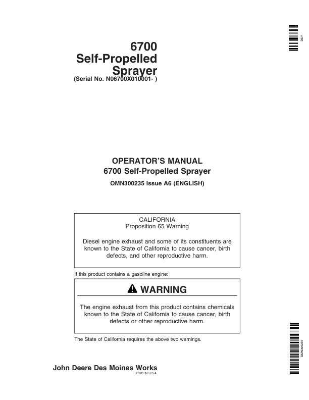 John Deere 6700 Self Propelled Sprayer (010001-018000) Operator's Manual (OMN300235)