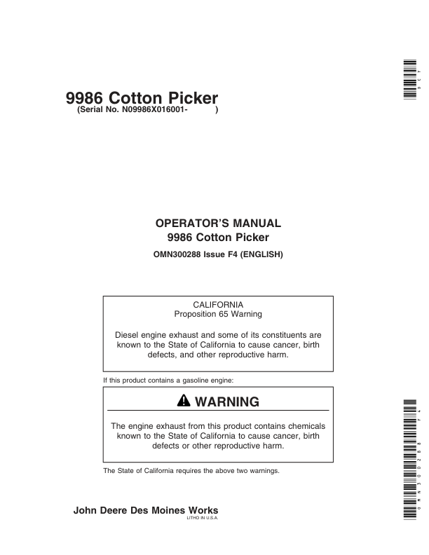 John Deere 9986 Cotton Picker (016001-) Operator's Manual (OMN300288)