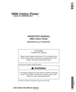 John Deere 9996 Cotton Picker (018001-) Operator's Manual (OMN300304)