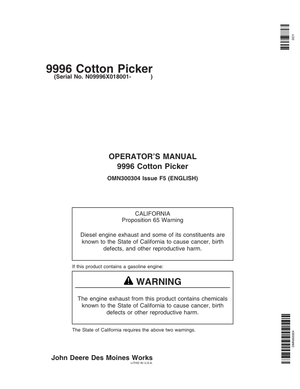 John Deere 9996 Cotton Picker (018001-) Operator's Manual (OMN300304)