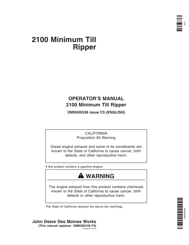 John Deere 2100 Minimum Till Ripper North America (000000-007999) Operator's Manual (OMN300336)