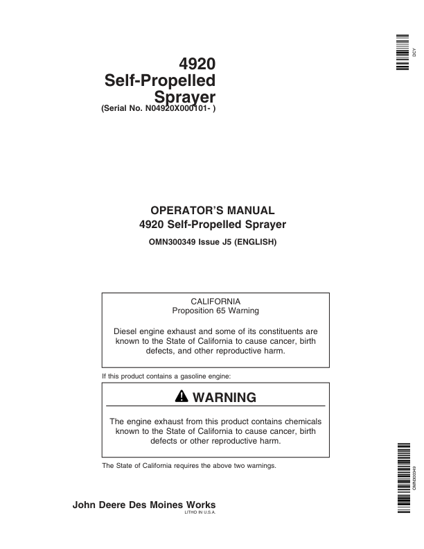 John Deere 4920 Self-Propelled Sprayer (000101-) Operator's Manual (OMN300349)