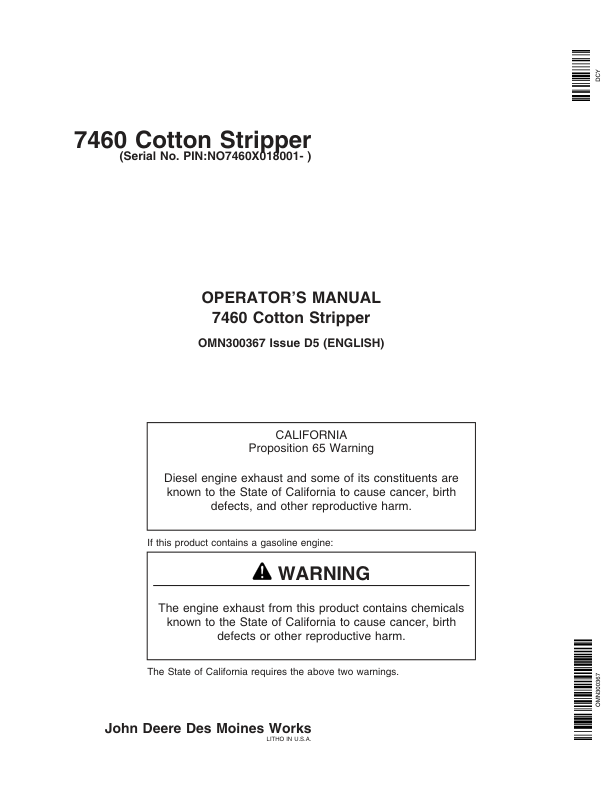 John Deere 7460 Cotton Strippers North America (018001-020000) Operator's Manual (OMN300367)