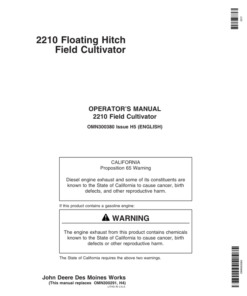 John Deere 2210 Floating Hitch Field Cultivator North America (002000-002999) Operator's Manual (OMN300380)