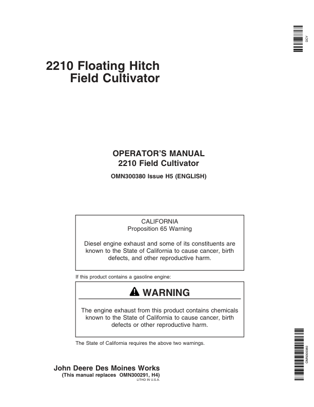 John Deere 2210 Floating Hitch Field Cultivator North America (002000-002999) Operator's Manual (OMN300380)