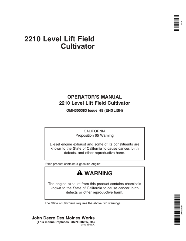 John Deere 2210 Level-Lift Field Cultivator North America (000000-004000) Operator's Manual (OMN300383)
