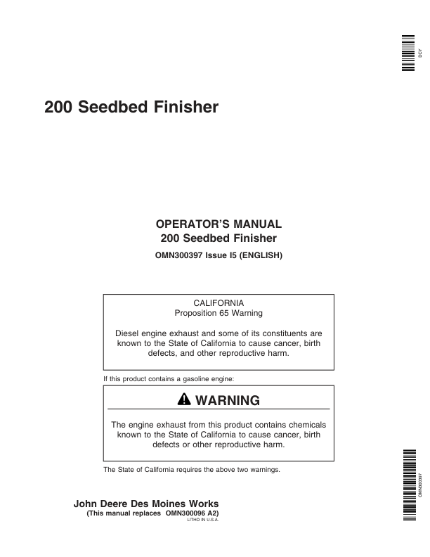 John Deere 200 Seedbed Finisher (OM/PDI Combination) Operator's Manual (OMN300397)