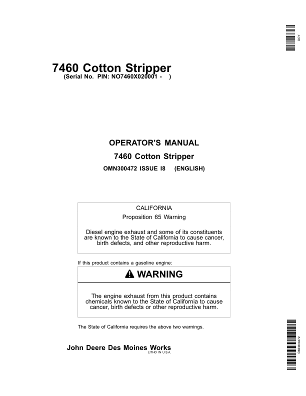 John Deere 7460 Cotton Strippers North America (020001-028000) Operator's Manual (OMN300472)