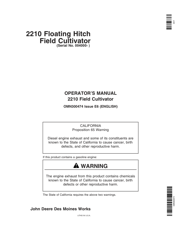 John Deere 2210 Floating Hitch Field Cultivator North America (004000-005999) Operator's Manual (OMN300474)