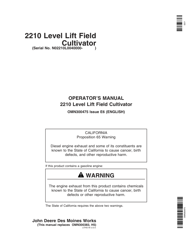 John Deere 2210 Level-Lift Field Cultivator North America (040000-740100) Operator's Manual (OMN300475)