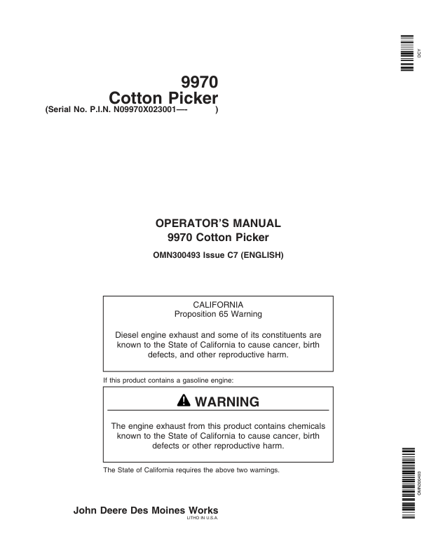 John Deere 9970 Cotton Picker (023001-) Operator's Manual (OMN300493)