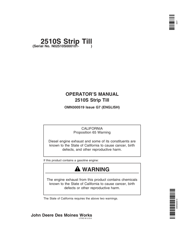 John Deere 2510S Strip Till Applicator Operator's Manual (OMN300519)