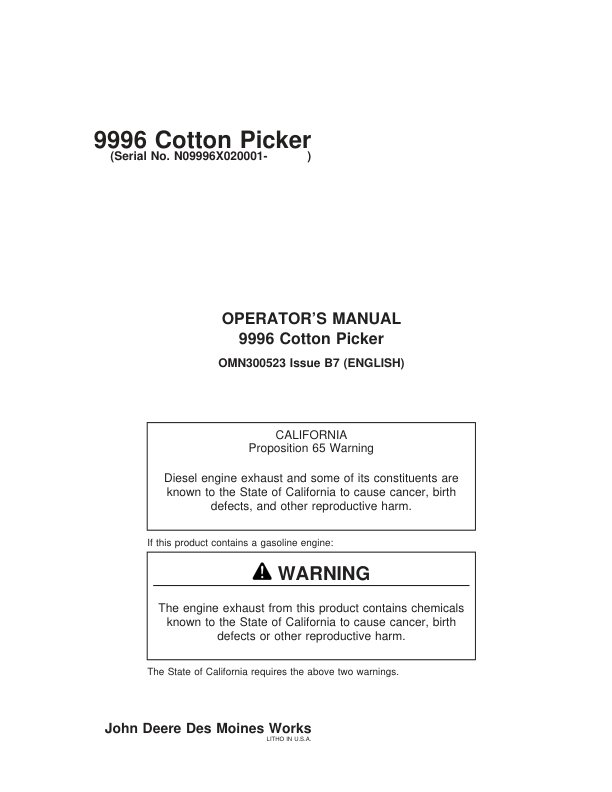 John Deere 9996 Cotton Picker (020001-) Operator's Manual (OMN300523)